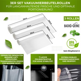 Bachwerke Set of 3 vacuum bags, vacuum film, foil rolls, vacuum bag food, vacuum film rolls, sealing bags, BPA free, foil bags for vacuum sealer (20 cm + 25 cm + 28 cm x 300 cm)