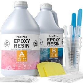 Nicpro 1 Gallon/128OZ Crystal Clear Epoxy Resin Kit, High Gloss & Bubbles Free Resin Supplies for Art Coating and Casting, Craft DIY, Wood, Tabletop,Molds, River Tables with Cups, Sticks, Gloves