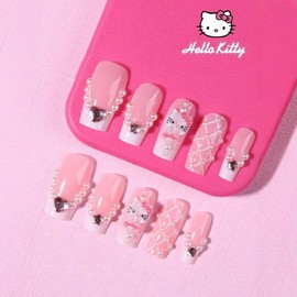 MouyouGlow Long False Nails, Square Cute Kawaii Nude Pink White French 3D Kitty Cardboard Diamond Heart Star Pearl Y2K Coquette Press on Nails with Nail Glue, White Tips Sweet Fake Nails