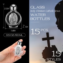 Domensi 15 Pcs Glass Holy Water Bottles 0.5 Floz Christian Catholic Jesus Container Small Embossed Travel Empty Bottles Religious Church Decor for Spiritual Events Gift Baptisms Party Wedding(Silver)