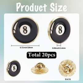SUNNYCLUE 20Pcs Billiard Pins Sport Brooch Pins Enamel Black Metal Eight Ball Logo Round 0.71 Inch Small Alloy Lapel Brooches Accessories for Backpacks Bags Clothes Hats Shirts Tie DIY Decorations
