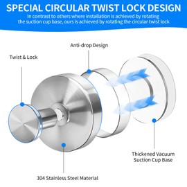 Suction Cup Hooks for Shower No Drill - Heavy Duty Stainless Steel Bathroom Hooks, Wall Mounted for Towels, Robes, Loofah - Works on Tile, Glass, Mirror, Kitchen (White, 4 Pack)