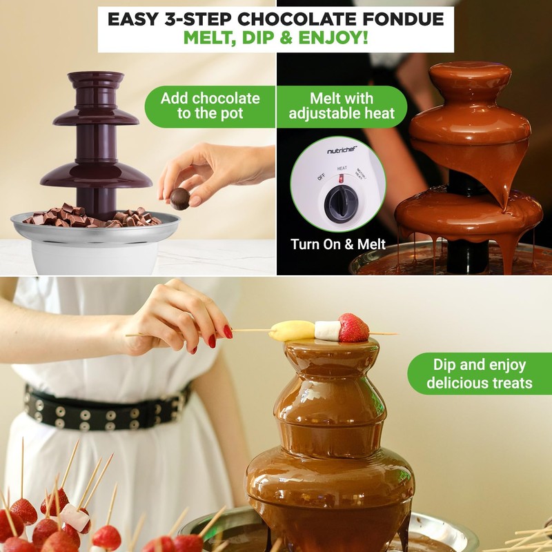 Nutrichef 3 Tier Chocolate Fondue Fountain - Electric Stainless Chocolate