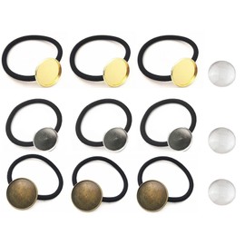 MAHAVIMOKSA 15Sets/30pcs 20mm Round Bezel Cabochon Setting Frame Tray Hair Bands Hair Ties with Glass Dome for DIY Craft (Mixed 3 Color)