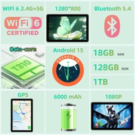 Tablet 10 inch Android 15 Tablets, 18GB RAM 128GB ROM 1TB Expand, Octa-Core Processor, 1280x800 LCD Touch Screen,WiFi 6, Dual Camera, BT5.4, 6000mAh Battery, GPS