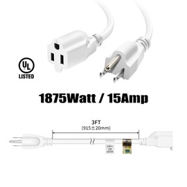 FIRMERST 3 Ft Extension Cord 14 AWG Heavy Duty 1875W 15A 3 Prong White UL Listed
