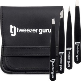 TweezerGuru Tweezers, Eyebrow Remover, Precision, Stainless Steel, Nose Hair, Beard, Blackheads, Corner Plugs, Exfoliating Tips, Exfoliating Tips, Ultra Fine Tip, Pack of 4