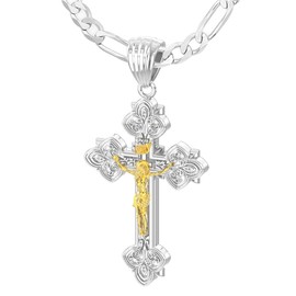 US Jewels Men's 37mm 925 Sterling Silver High Polished Fleur-De-Lis Crucifix Cross Pendant 3.2mm Figaro Necklace, 24in