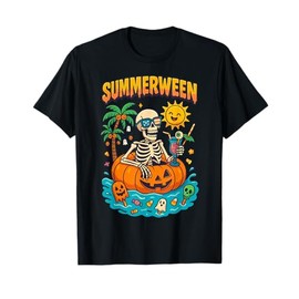 Summerween Skeleton Vibes Chillin in a Pumpkin Float T-Shirt