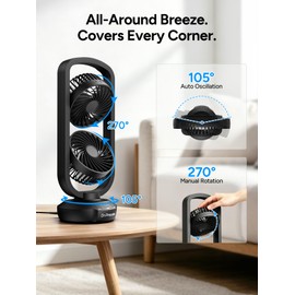 DR.PREPARE Dual Oscillating Tower Fan with 270° Tilt, 105° Oscillating, 3 Speeds and 3 Auto-Off Timer, Portable USB Powered Desk Fan for Bedroom Office Home Desk, Powerful Airflow 15 Inch