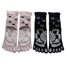 Mode Select Women's 5 Toe Socks, Sports, Anti-slip, 5 Toe Socks, Yoga Socks, Loose, Elastic Mouth, Press Point Point, Cat Pattern, Cotton Blend, Set of 3 Pairs, Black, Pink, Beige, Grey, Purple