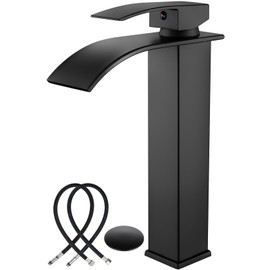 Midanya Vessel Sink Facuet Waterfall Tall Bathroom Faucets Vanity Single Handle 1 Hole Modern with Pop-up Drain and Supply Hoses,Matte Black