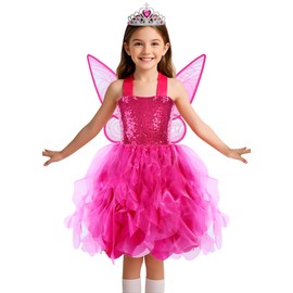Soyoekbt Fairy Costume for Girls Princess Tutu Dress with Butterfly Wings for Girls Birthday Party Dress Up (Rose Red, 5-6 Years)