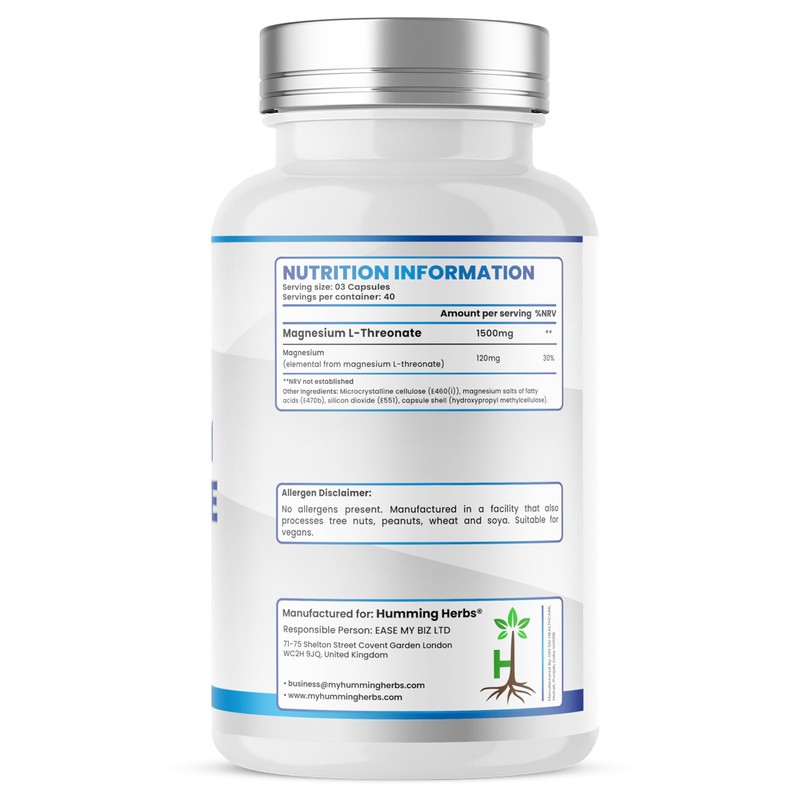 Humming Herbs Magnesium L-Threonate Supplement 1500mg per Serving | Provides