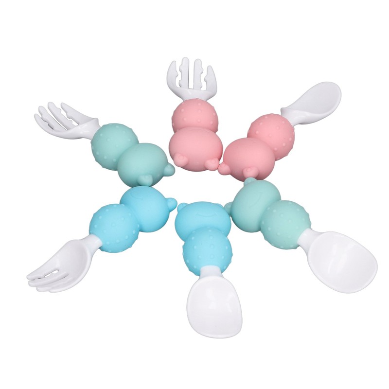 Baby Spoons Forks Set Short Handle Silicone Self Feeding Utensils