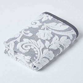 HOMESCAPES Luxury Silver Grey Hand Towel 100% Turkish Cotton Patterned Small Towel Super Soft & Absorbent Extra Thick 600GSM Ringspun Light Grey Towel For Bathroom with Damask Pattern