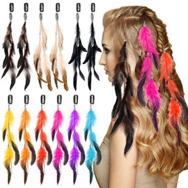 Geyoga 12 Pcs Feather Hair Clip Boho Hair Extensions with Feather Clip Comb Hippie DIY Accessories Hairpin Tribal Feather Braided Beads Headdress for Women (Mix Colors)