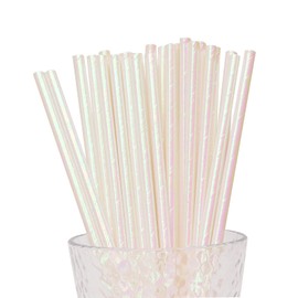 YAOSHENG Premium Disposable Drinking Paper Straws, Pack 100 White Iridescent Paper straws for Cocktail Party Supplies,Birthday,Bridal/Baby Shower,Juice,Shakes (White)
