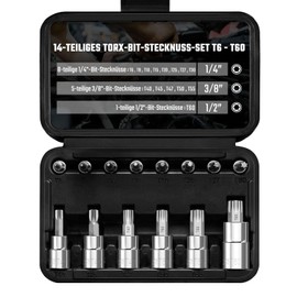 Mr.wintek Torx Bit Socket Set, 14-Piece Star T6 - T60 Bit Set, 1/4 Inch 3/8 Inch 1/2 Inch Drive, Premium S2 Alloy Steel Bits, Cr-V Socket Wrench, Improved Storage Case
