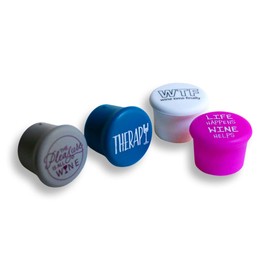 CapaBunga Silicone Wine Stoppers for Wine Bottles - 4 Pack Funny Wine Stoppers - Airtight Wine Saver Wine Bottle Caps - Wine Accessories for Wine Lovers - Life, Therapy, Pleasure, WTF