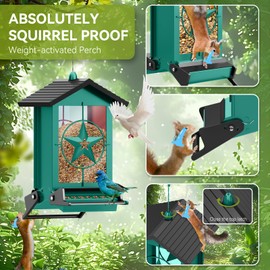 Squirrel Proof Bird Feeder for Outdoors Hanging, Metal Wild Bird Seed Feeder with Bilateral Weight-Activated Perches, 5LB Large Capacity Wild Bird Feeders for Outside Finch, Cardinal, Blue Jay