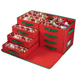 OIAHOMY Large Christmas Ornament storage with Side Open-Stores up to 128 Ornaments - 8 Removable Drawer Style Trays - Red