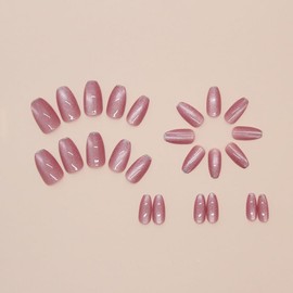 Press On Nails Short Ballet, Cute Design Fake Nails, Beautiful Bow Stick On Nails, Glitter Pearl Glue on Nails on 24PCS (Pink Cat Eyes)