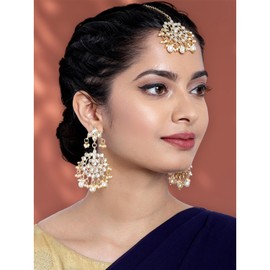 Aheli Elegant Indian Traditional Wedding Kundan White Pearl Maang Tikka with Earrings Set Gift for Women Ethnic Jewelry White