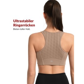 Yvette Sports Bra Strong Hold with Front Closure Racer Back Gym Running Bra, brown, L