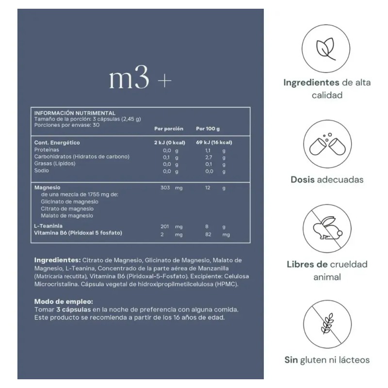 M3+ | Magnesio Glicinato, Citrato Y Malato Lteanina, 90 Cap
