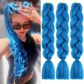 ColorfulPanda 3 packs Hair Extensions for Braiding Crochet Twist Hair Cyan blue Color,Yaki Synthetic Easy Jumbo Braids Pre-stretched African Box Braided hair 24inch