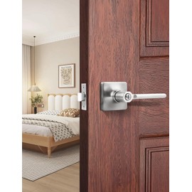 Mengico 6 Pack Privacy Door Handle, Satin Nickel Keyless Interior Door Knobs, Heavy Duty Square Door Lock for Bedroom & Bathroom, Reversible Flat Door Lever