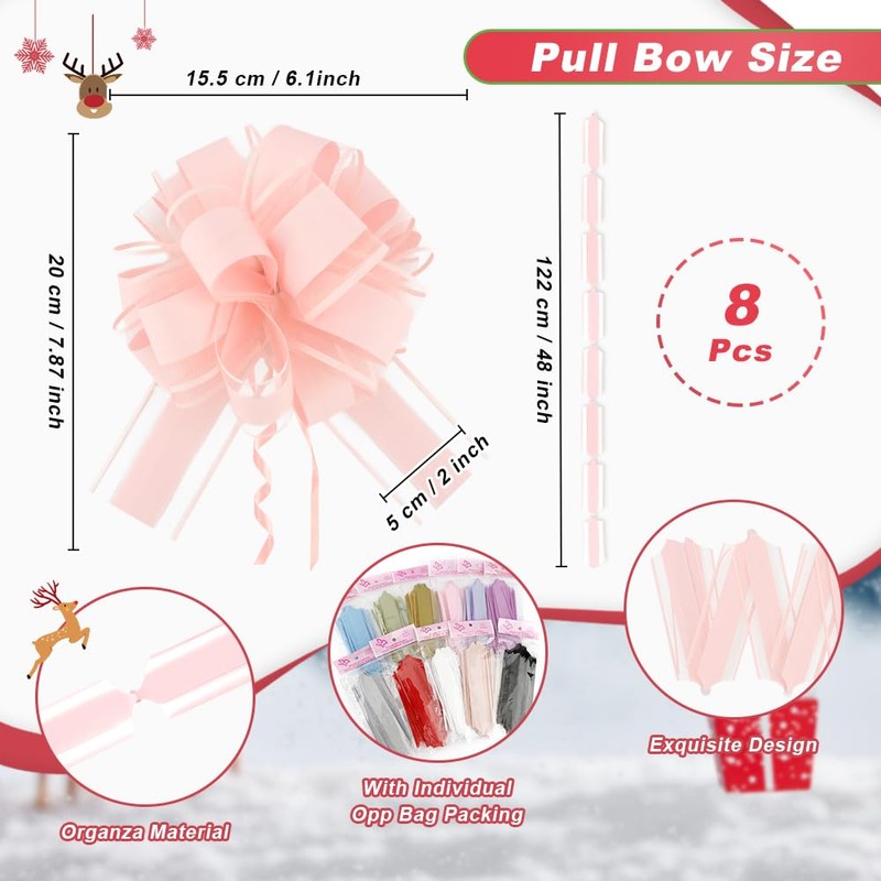 Large Pull Bows, 6 Inches Pink Christmas Bows, 8 PCS