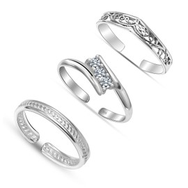 LeCalla Set of 3Pcs 925 Sterling Silver Toe Rings for Women | Hypoallergenic Adjustable Zirconia Cuff Band Toe Rings | Women's Summer Beach Foot Jewelry Set