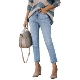 Lesore Womens High Waist Washed Raw Hem Mom Ripped Distressed Destroyed Straight Leg Cropped Jeans Denim Pants Pockets Blue 27