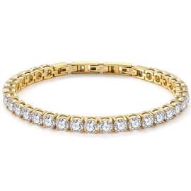 Tennis Bracelet for Women Men, 14K Gold Plated Round 5mm AAAA+ Cubic Zirconia CZ Dainty Classic Adjustable Stainless Steel Bracelets Festival Wedding Jewelry Gift (Gold, CZ 5mm)