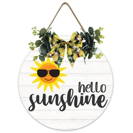 Hello Sunshine Wooden Hanging Sign Summer Welcome Sign Front Door Decor with Lemon Bowknot Rustic Farmhouse Wood Sign Door Hanger for Spring Summer Holiday Home Office Shop Window Wedding Decor 12x12