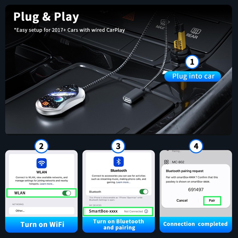 Wireless CarPlay Adapter, Super Fast Upgrade from Wired CarPlay to