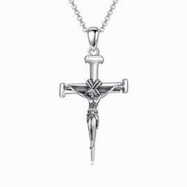 PROESS Three Nail Cross Necklace for Men 925 Sterling Silver St.Benedict Crucifix Pendant Necklace 22+2 inch Chain Jesus Christ Crucifix Jewellery for Christians