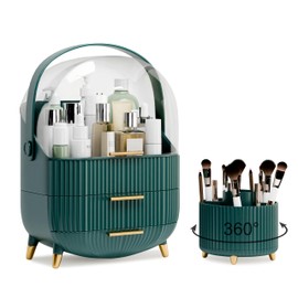 lurcns Makeup Organizers and Storage Make up Organizer for Vanity Cosmetics Skincare With Lid and Drawers Display Cases for Countertop Bathroom Women Teenager Girl Gifts(Dark Green+Brush Holder)