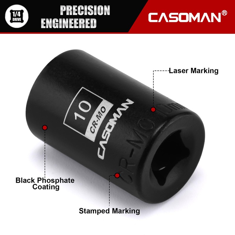 CASOMAN 1/4" Drive 10mm Shallow Magnetic Impact Socket, Metric, 6-Point,