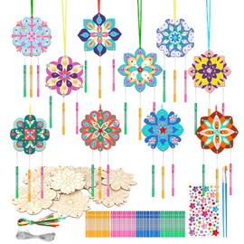 SRIZIAN 10 Pack Mandala Wind Chime Kit for Kids, Make Your Own Mandala Wind Chime Kit DIY Blank Wooden Crafts to Paint for Kids Party Decoration
