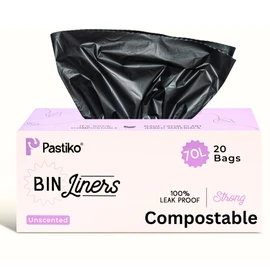 Pastiko 100% Compostable Biodegradable 70L Bin Liners Strong Garbage Bags Extra Thick Leak Proof Black Bin Bags TUV Austria OK Home and Industrial Compostable for Home and Outdoor Use