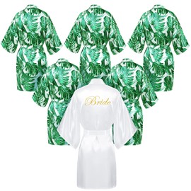 Berlune 6 Pcs Tropical Bride Bridesmaids Robe Set Wedding Getting Ready Bachelorette Party Robes Beach Pool Swimsuit(Green, Lovely)