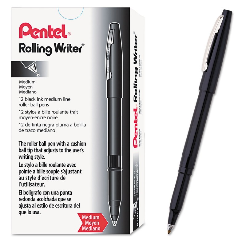 Pentel Rolling Writer Pen, 0.8 Millimeter Cushion Ball Tip, Black