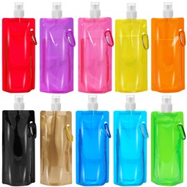 10 Pcs Collapsible Foldable Water Bottle 480ml, Leak Proof with Carabiner, BPA Free, Reusable Drinking Bags for Travel, Gym, Camping, Hiking
