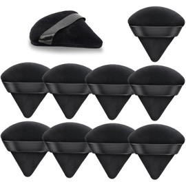 Powder Puff, 10 Pcs Triangle Powder Puffs, Soft Pure Cotton Beauty Makeup Puff with Ribbon Strap, Black Makeup Puff for Setting Powder