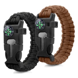 ZSMJAER Set of 2 Survival Bracelets, Multifunctional Paracord Bracelet, Survival Bracelet, Whistle, Flint, Compass, for Outdoor Activities (Brown)