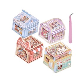 DIY 3D House Stickers,4Sets DIY 3D Sticker Scene,Make Your Own Warm Home Scene Stickers for Gifts Pet Shop Food Street 3D Cartoon Sticker Scenes for Adult Kids Relief Stress Pass The Time