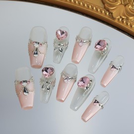 Handmade Press on Nails, Reusable False Nails Tips, 3D Hand-Painted False Nails, Hand-Painted Classy Nails, Full Cover Stick on Nails,Long Ballerina French Rhinestone Design 10 Pcs (#4558,L)